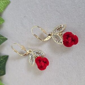 Gold Filled Velvet Red Rose Drop Earrings